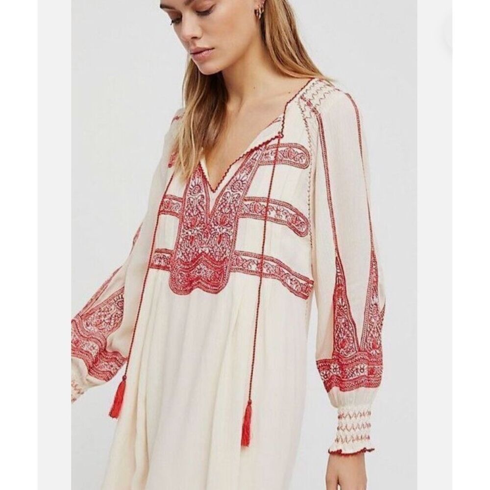 Free People Womens Boho Wind Willow Mini Dress Size XS Embroidered Peasant